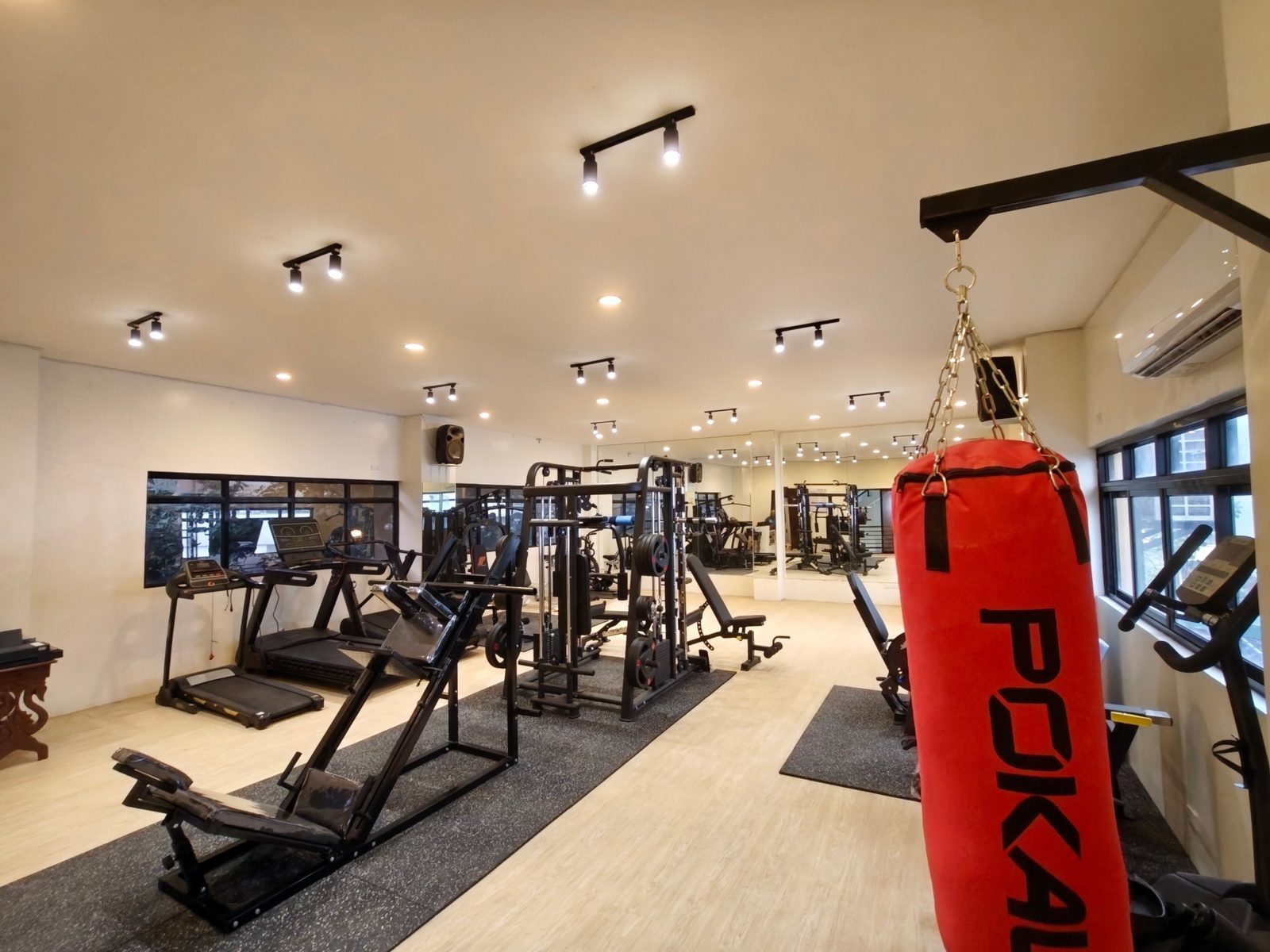 Punching bag in front of the cable machines and treadmills