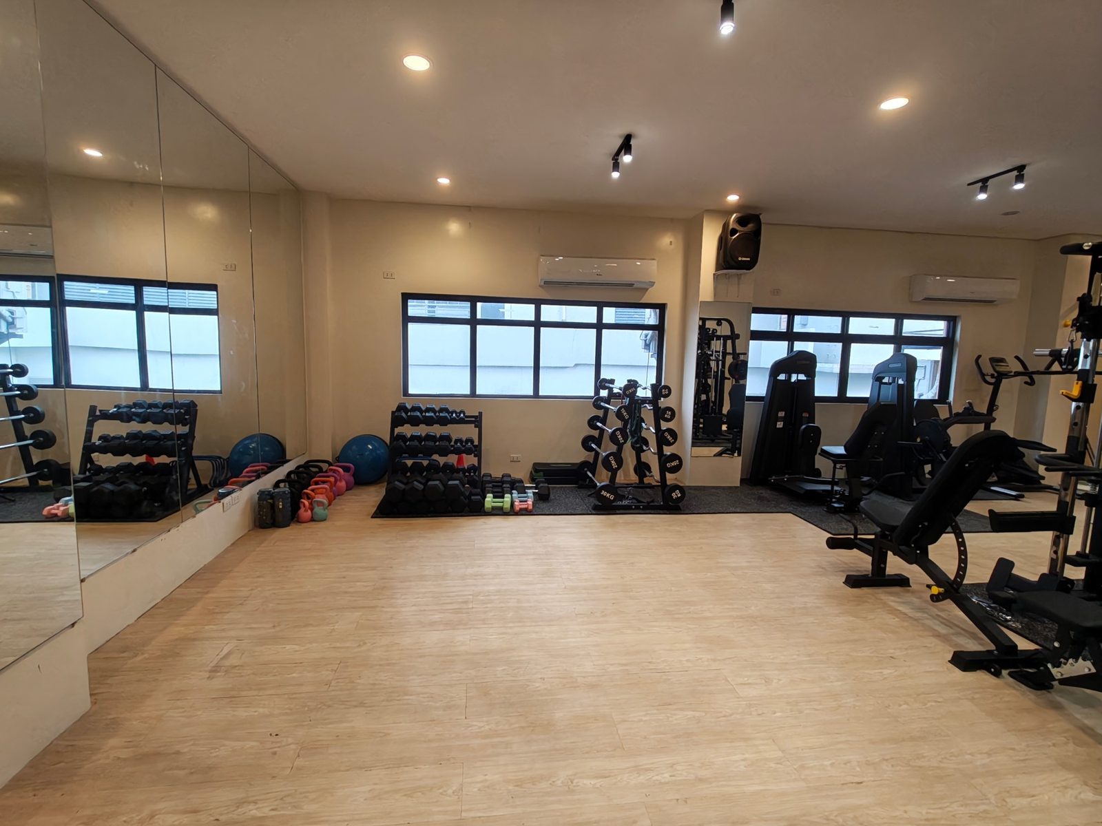 Dumbbell racks, kettlebells and exercise balls by the mirrored wall